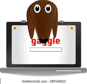 Seeking Attention/Dachshund like dog with big eyes putting head over notebook computer with open search engine screen