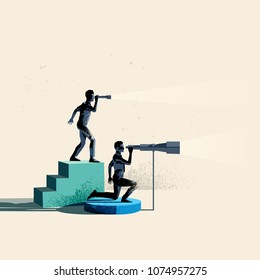 Seeking business opportunities. Two people searching the horizon with telescopes. Conceptual vector illustration.