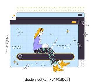 Seeking data online 2D linear illustration concept. Woman searching information via laptop cartoon character isolated on white. Web sources usage metaphor abstract flat vector outline graphic