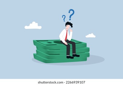 Buscando una solución innovadora para el crecimiento del dinero, pensando en dónde invertir, concepto de pensador estratégico financiero, Empresario pensando en dónde hacer dinero en un montón de billetes.