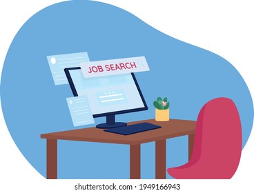 Seeking job flat concept vector illustration. Desk with computer. Search vacancies. Work opportunities. Online application for job 2D cartoon scene for web design. Unemployment creative idea