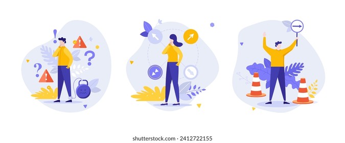 Seeking right business route flat concept vector illustrations set. Lost in doubts entrepreneur cartoon composition. Choose direction of development creative idea for website, presentation