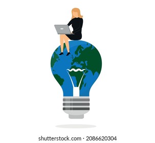 Suche nach einer Lösung für die globale Klimakrise. Geschäftsfrau, die auf einer Glühbirne mit Weltkarte sitzt. Kreatives Denken und Ideenkonzept.
