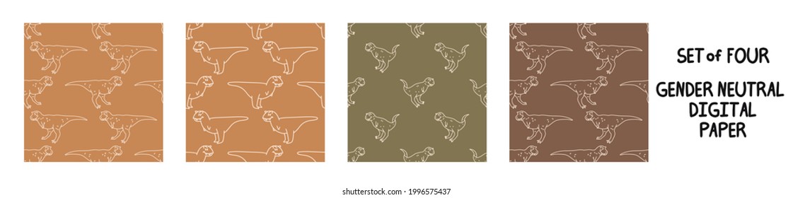 Seemless background allosaurus dinosaur set of 4 patterns. Whimsical minimal earthy 2 tone color. kids nursery wallpaper or boho cartoon pet fashion all over print.