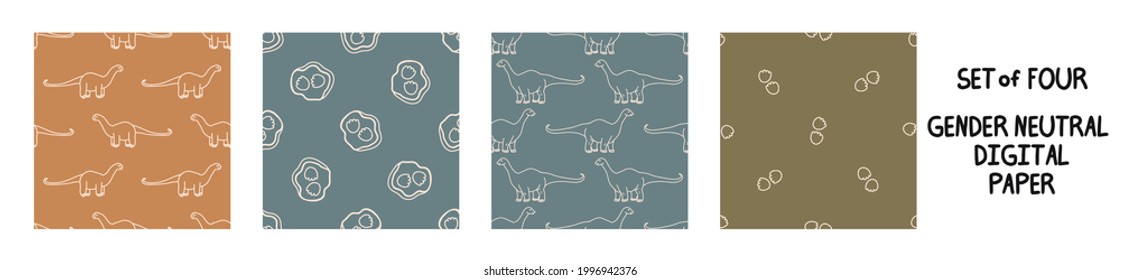 Seemless background apatosaurus dinosaur set of 4 patterns. Whimsical minimal earthy 2 tone color. kids nursery wallpaper or boho cartoon pet fashion all over print.