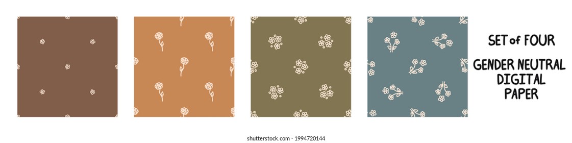 Seemless background flower set of 5 patterns. Whimsical minimal earthy 2 tone color. kids nursery wallpaper or boho cartoon pet fashion all over print.