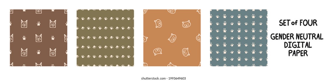 Seemless background pet cat set of 5 patterns. Whimsical minimal earthy 2 tone color. kids nursery wallpaper or boho cartoon pet fashion all over print.