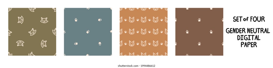 Seemless background pet cat set of 5 patterns. Whimsical minimal earthy 2 tone color. kids nursery wallpaper or boho cartoon pet fashion all over print.