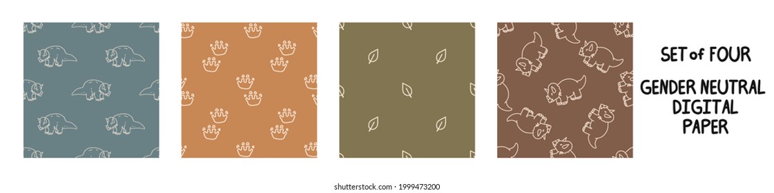 Seemless background triceratops dinosaur set of 4 patterns. Whimsical minimal earthy 2 tone color. kids nursery wallpaper or boho cartoon pet fashion all over print.