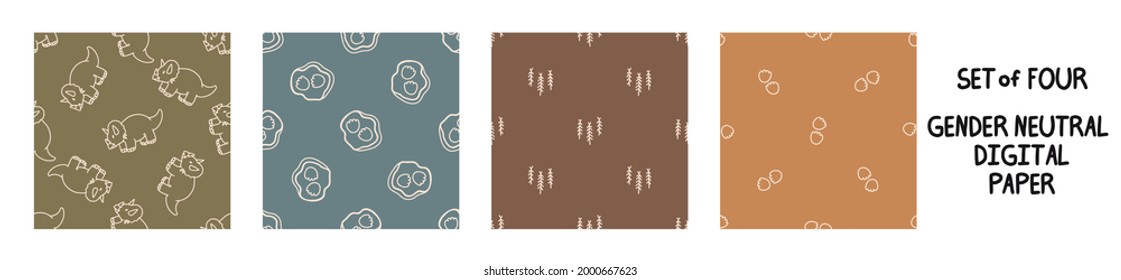 Seemless background triceratops dinosaur set of 4 patterns. Whimsical minimal earthy 2 tone color. kids nursery wallpaper or boho cartoon pet fashion all over print.