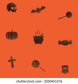 Seemless Halloween pattern background with icons, brown and orange, seamless, cute and spooky