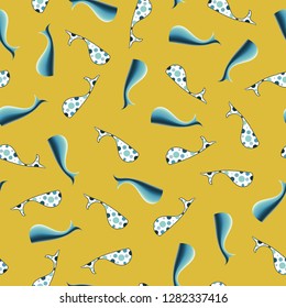 Seemless pattern of blue whales in the ocean for background, paper print, fabric or ornament business. Vector design.  