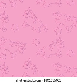 Seemless pattern with a dual colour unicorn and star on a pink background.