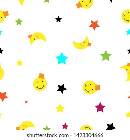 Seemless pattern of kawaii cartoon the moon and star on white background for paper work, fabric business, wallpaper or background. Vector design. 