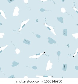 Seemless pattern of kawaii doodle of polar bear sleeping on blue background for wallpaper, paper buisness, fabric work, paper print. Vector design.
