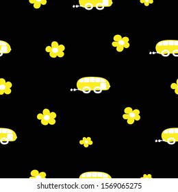 Seemless pattern of kawaii doodle of yellow minivan car and yellow flower on black background for wallpaper, paper buisness, fabric work, paper print. Vector design.
