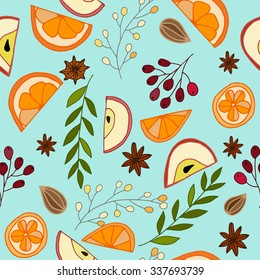 Seemless pattern with winter symbols, apples and orange slices