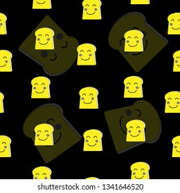 Seemless pattern of yellow slice bread smile face, yellow and black background for paper print, textile fabric business. Vector design.