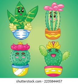 As seen in the picture, there are four cactus flower plants placed in small pots, and each has a very cute expression.