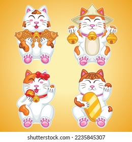 As seen in the picture, there are four white lucky cats with a brownish-orange pattern, each holding a different object, and all of them have very cute expressions.