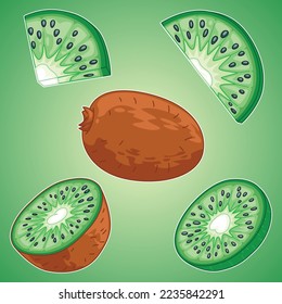 Seen in the picture, there is a kiwi lined with several kinds of pieces, and it looks very fresh to eat.