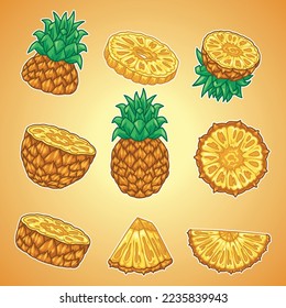 Seen in the picture, there are pineapples lined up with several pieces that are different from one another.