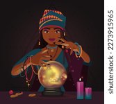 Seer with crystal ball telling future vector illustration. Cartoon gypsy fortune teller character predicts fate at table with magic sphere, runes and candles, witchcraft of woman over glass globe
