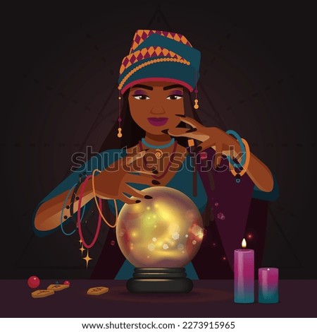 Seer with crystal ball telling future vector illustration. Cartoon gypsy fortune teller character predicts fate at table with magic sphere, runes and candles, witchcraft of woman over glass globe