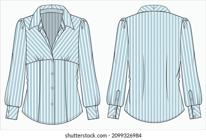 Seer stripe Long puff sleeves woven top with gathers at empire line for women office wear in editable vector file