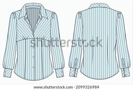 Seer stripe Long puff sleeves woven top with gathers at empire line for women office wear in editable vector file