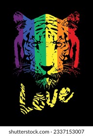 Seht es. T-Shirt Design eines Tigerkopfes mit den Farben des Regenbogens neben Text einzeln auf Schwarz. Vektorgrafik für die Textilindustrie.