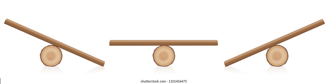 Seesaw balance. Equal and unequal weight. Wooden balance toy. Simple rustic seesaws constructed of a lying tree trunk and a wooden plank - isolated vector illustration on white background.