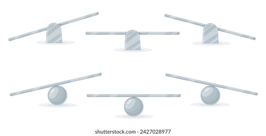 Seesaw balance. Metal teeter, balanced or unbalanced scales, kids empty swing for totter game in playground, weight toy up down perfectly balancing, equal neat vector illustration