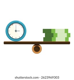 Seesaw balancing a clock and a stack of money, symbolizing the constant struggle between time and wealth