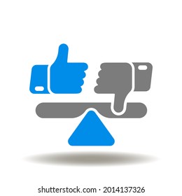 Seesaw with balancing a thumb up and thumb down vector illustration. Rating, Satisfaction, Feedback, Review Icon. Weaknesses and opportunities or strength balance symbol.
