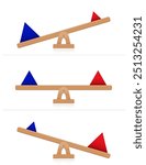 Seesaw with blue and red pyramids, balanced and unbalanced. Pyramids of different weights, sizes and colors balancing on wooden seesaws. Symbols of balance and imbalance, and of competition of forces.