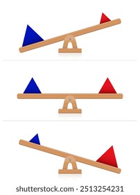 Seesaw with blue and red pyramids, balanced and unbalanced. Pyramids of different weights, sizes and colors balancing on wooden seesaws. Symbols of balance and imbalance, and of competition of forces.