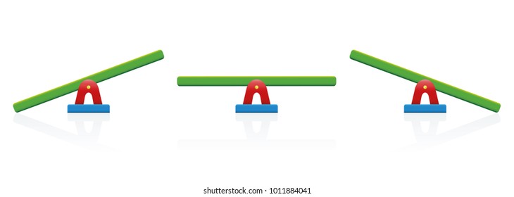 Seesaw - colored balance toy set - three positions, balanced and unbalanced, equal and unequal weightiness - isolated vector illustration on white background.