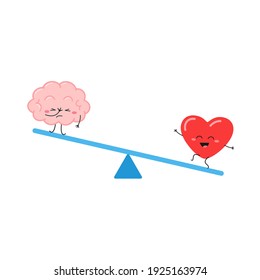 Vista con el corazón divertido bailando y el cerebro haciendo gesto facepalm. Los sentimientos pesan más que el concepto lógico humorístico. Ilustración plana del vector aislada en fondo blanco