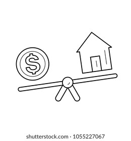 Vista con icono de línea vectorial de moneda de casa y dólar aislado en fondo blanco. Icono de línea de costo de la casa para infografía, sitio web o aplicación.
