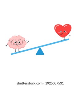 Vista con cerebro nerd en vasos y corazón confundido divertido. Las razones de la mente superan a las emociones por concepto humorístico. Ilustración plana del vector aislada en fondo blanco