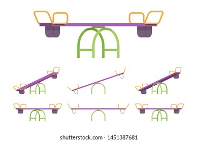 Seesaw set for playground equipment. Teeter-totter garden or park fun and outdoor recreation for kids, toddlers. Vector flat style cartoon illustration isolated on white background, different views