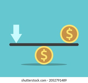 Seesaw Weight Scale, Dollar Coins And Arrow. Leverage, Budget, Balance, Finance, Manipulation, Control And Trading Concept. Flat Design. EPS 8 Vector Illustration, No Transparency, No Gradients