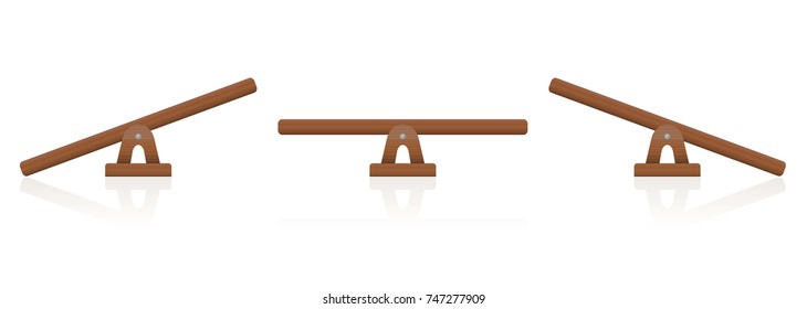 Seesaw or wooden balance scale set of three items - balanced and unbalanced, equal and unequal weightiness - isolated vector illustration on white background.