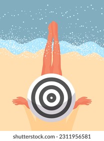 Seescape, a young woman on the beach and the sea with seagulls. Vacation and travel illustration, vector