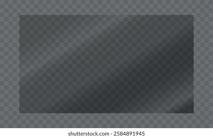See-through plastic or acrylic panel. Crystal clear glass sheet. Realistic reflection and glare on a transparent surface, ideal for mockups and design projects. 
