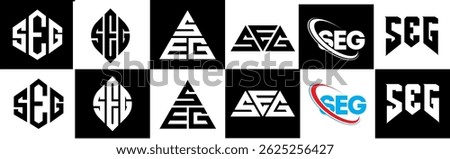 SEG letter logo design in six style. SEG polygon, circle, triangle, hexagon, flat and simple style with black and white color variation letter logo set in one artboard. SEG minimalist and classic logo