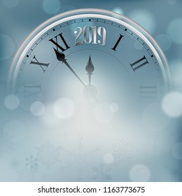 Segment of abstract old clock with 2019 new year number on blurred background with bokeh and snowflakes - Happy New Year card with copy space. Vector illustration.