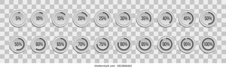 Segment of circle icons 10% - 100% for web design, user interface (UI) or infographics. Set of infographic percentage pie charts isolated on transparent background.  Vector illustration, eps 10.