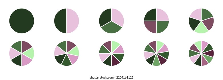 Segment circles set. Ten slices pie chart. Colourful infographic. Fraction icons collection. Vector illustration. 